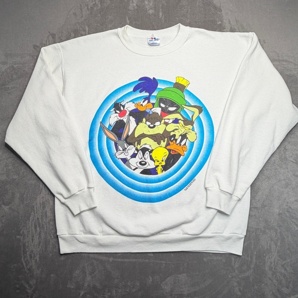 Vintage Looney Tunes Sweatshirt Mens XL White 1993 Double Sided Acme Crewneck‎